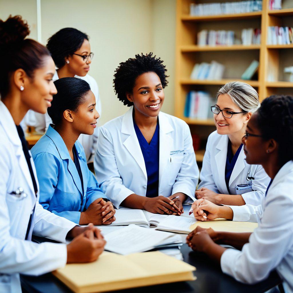 A warm scene depicting a group of diverse women oncologists engaged in a compassionate conversation with patients in a comforting clinic environment. Include elements of soft lighting, supportive interactions, and medical books in the background, symbolizing knowledge and care. Capture the emotions of hope and strength on their faces. vibrant colors. soft-focus. friendly atmosphere.
