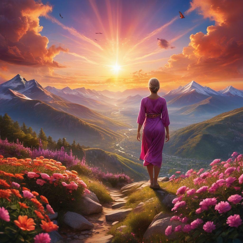 A strong, determined woman standing on a mountain peak, basking in the sunlight, symbolizing triumph over adversity. In the background, a vibrant sunrise colors the sky, casting a warm glow, while below, a garden of blooming flowers represents hope and healing. Surround her with subtle symbols of resilience, like butterflies and ribbons, to signify support for cancer awareness. The overall tone should convey empowerment and positivity. super-realistic. vibrant colors. inspirational.