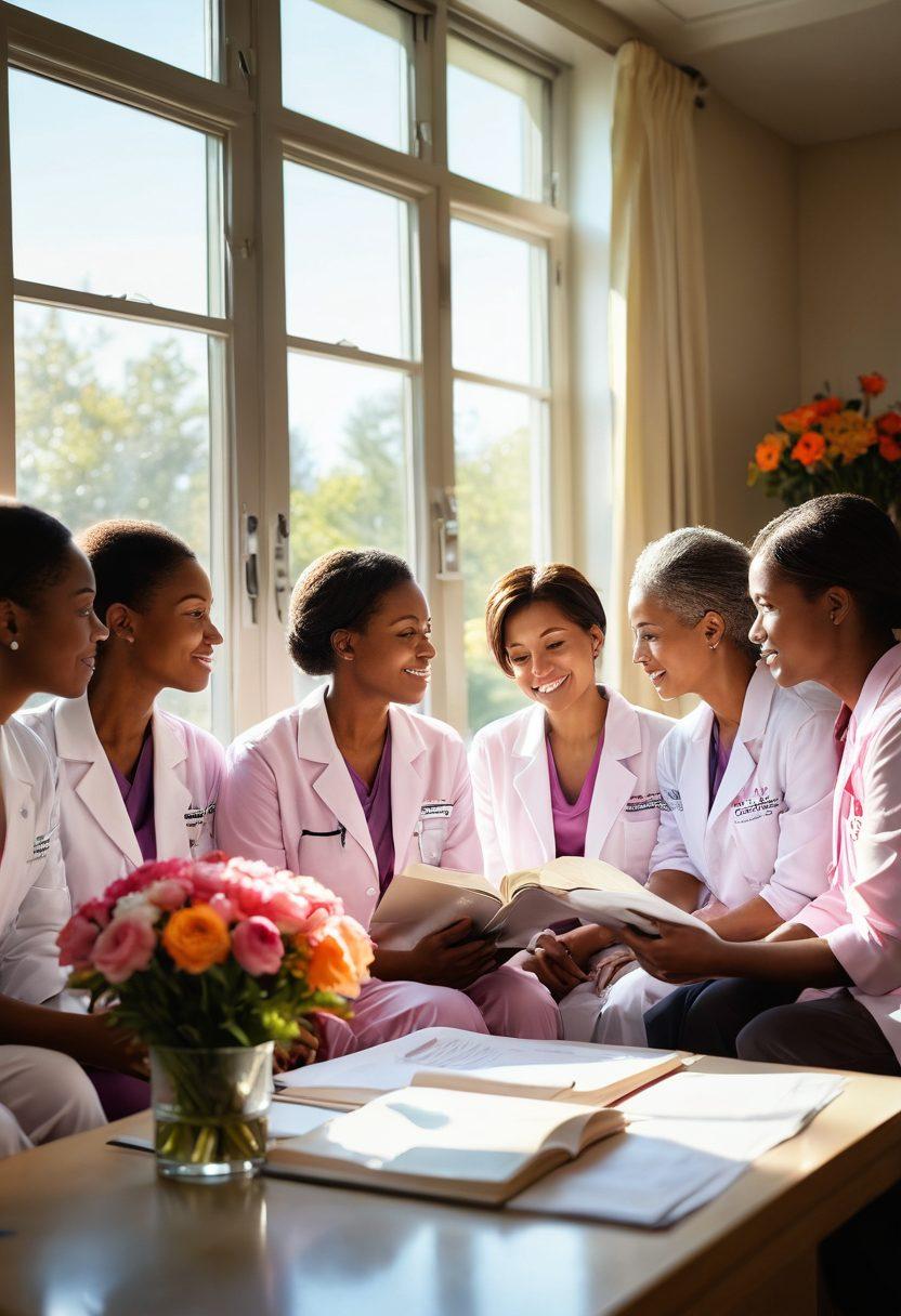 A powerful and inspiring scene featuring strong female oncologists in a hospital setting, open book in hand sharing stories with breast cancer survivors. Radiant sunlight beams through a window, illuminating the room filled with vibrant flowers symbolizing hope and resilience. Display diverse women of different backgrounds engaged in supportive conversation. Super-realistic. Vibrant colors. Warm, inviting atmosphere.